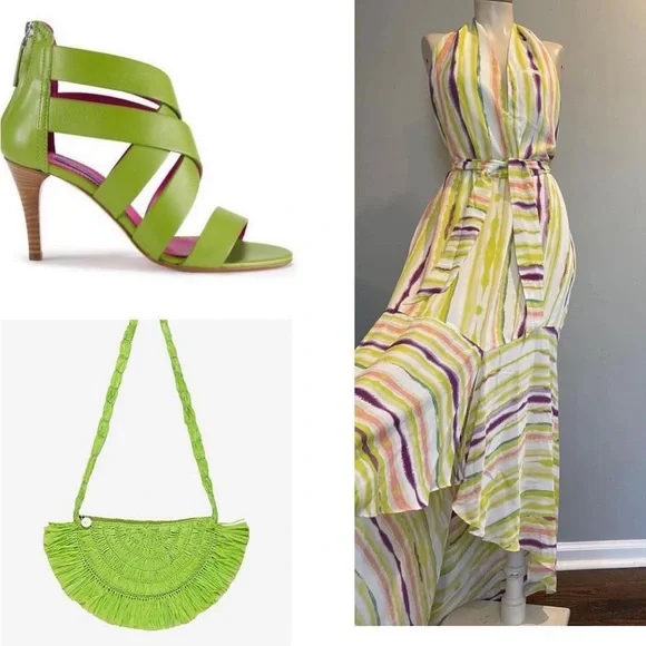 Green cream halter maxi dress